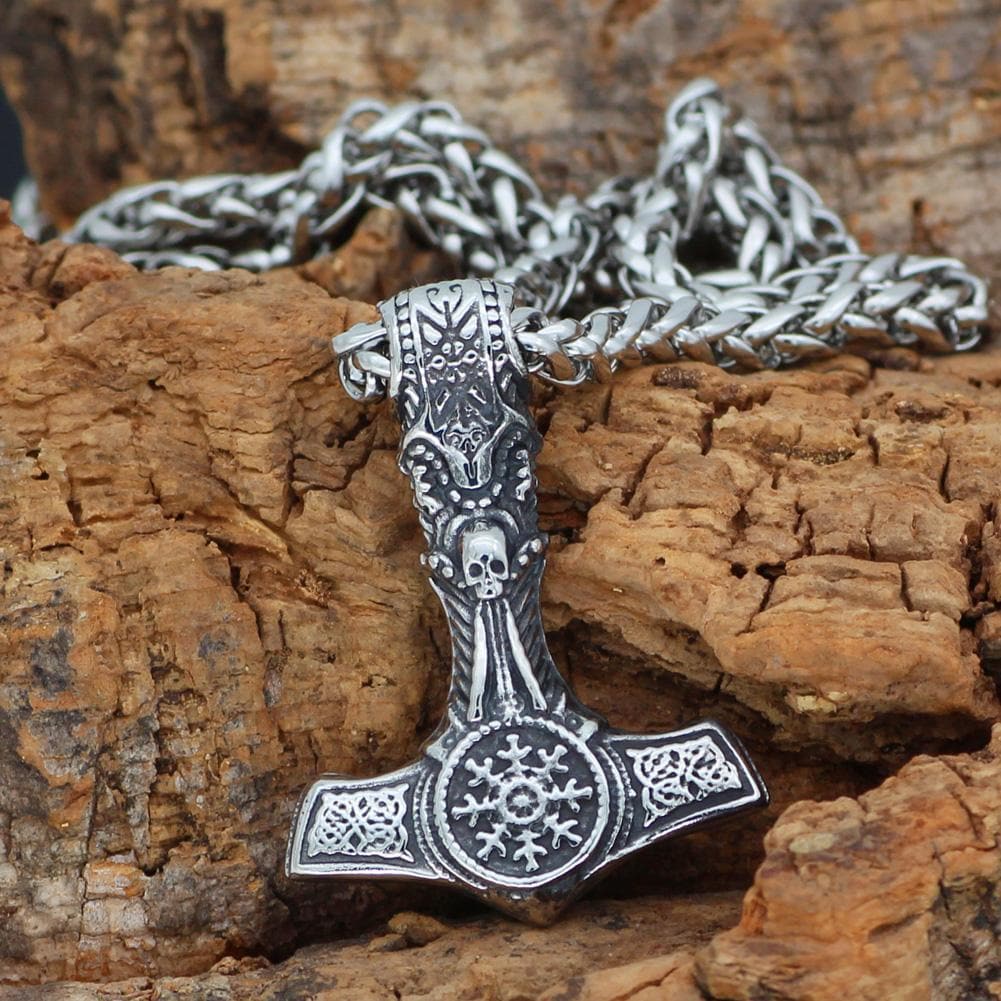 Vikings Skull Mjolnir Stainless Steel Necklace