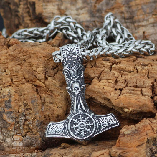 Vikings Skull Mjolnir Stainless Steel Necklace