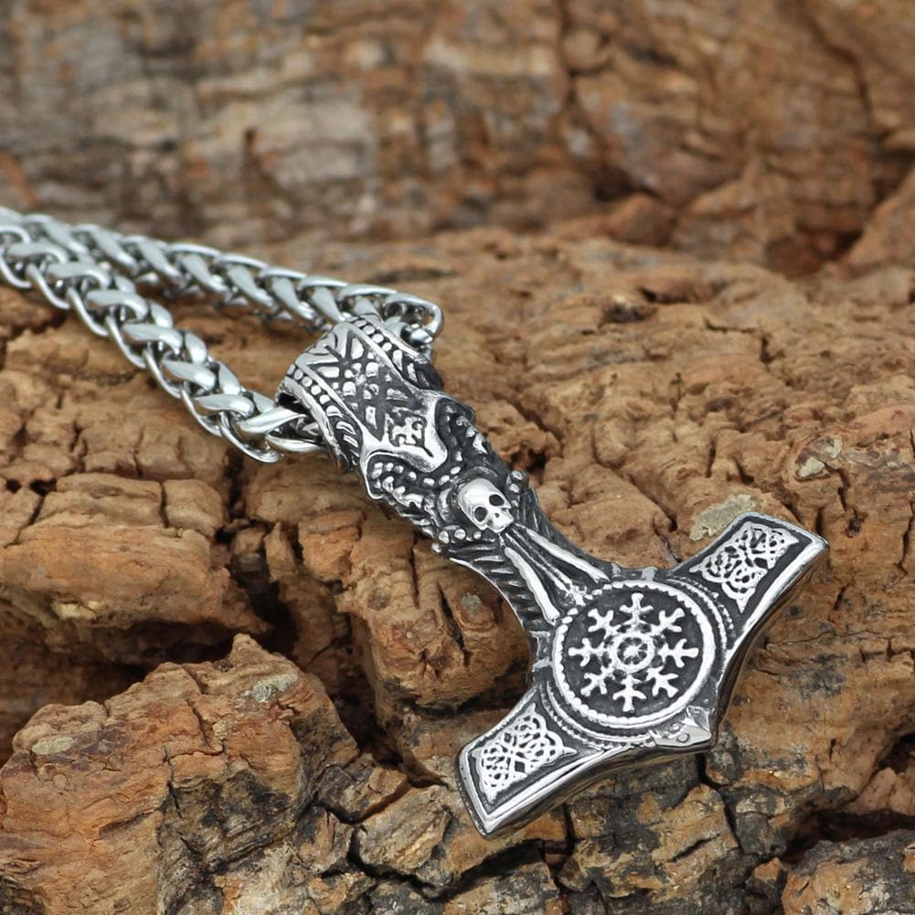 Vikings Skull Mjolnir Stainless Steel Necklace
