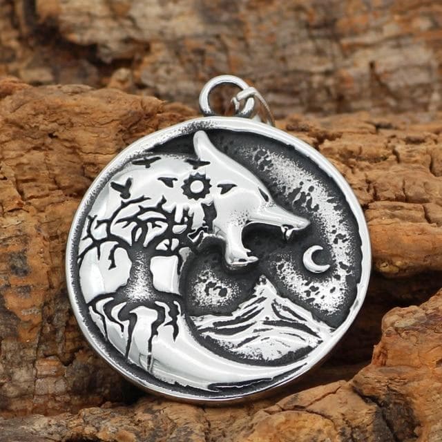Viking Rune Wolf Tree Stainless Steel Necklace