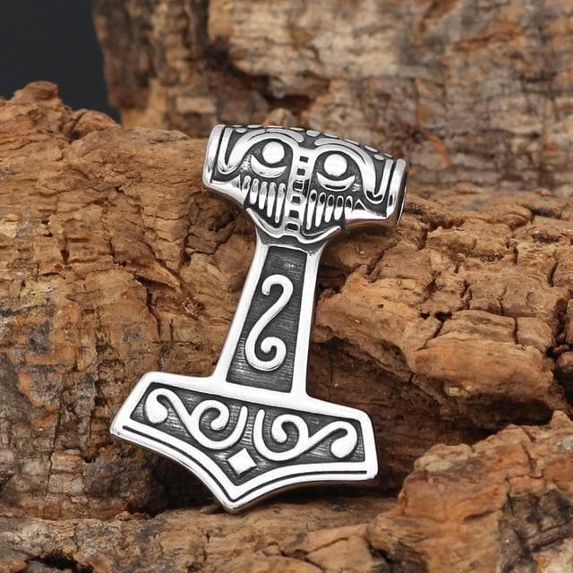 Vikings Thor Hammer Mjolnir Raven Head Stainless Steel Necklace