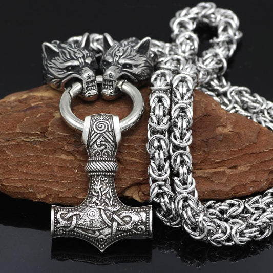 Vikings Wolf Head Mjolnir Stainless Steel Necklace