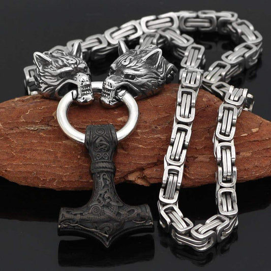 Vikings Wolf Mjolnir Stainless Steel King Chain Necklace