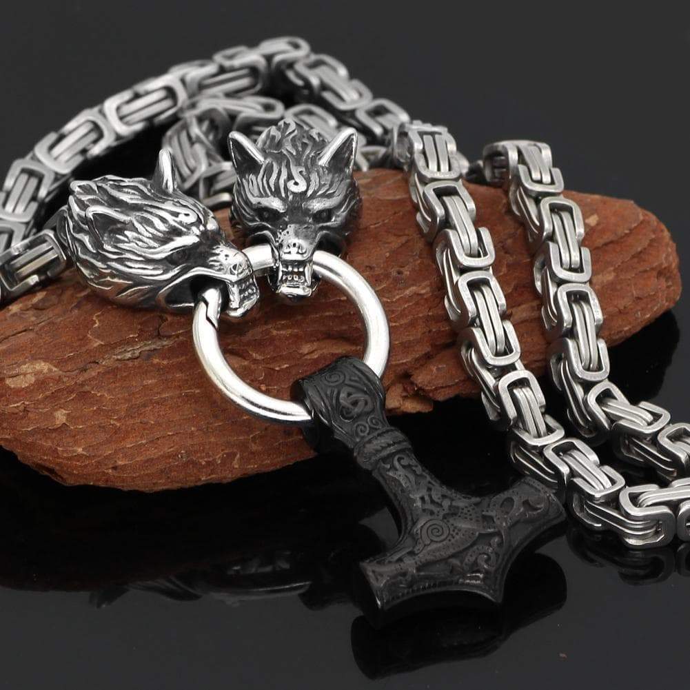 Vikings Wolf Mjolnir Stainless Steel King Chain Necklace