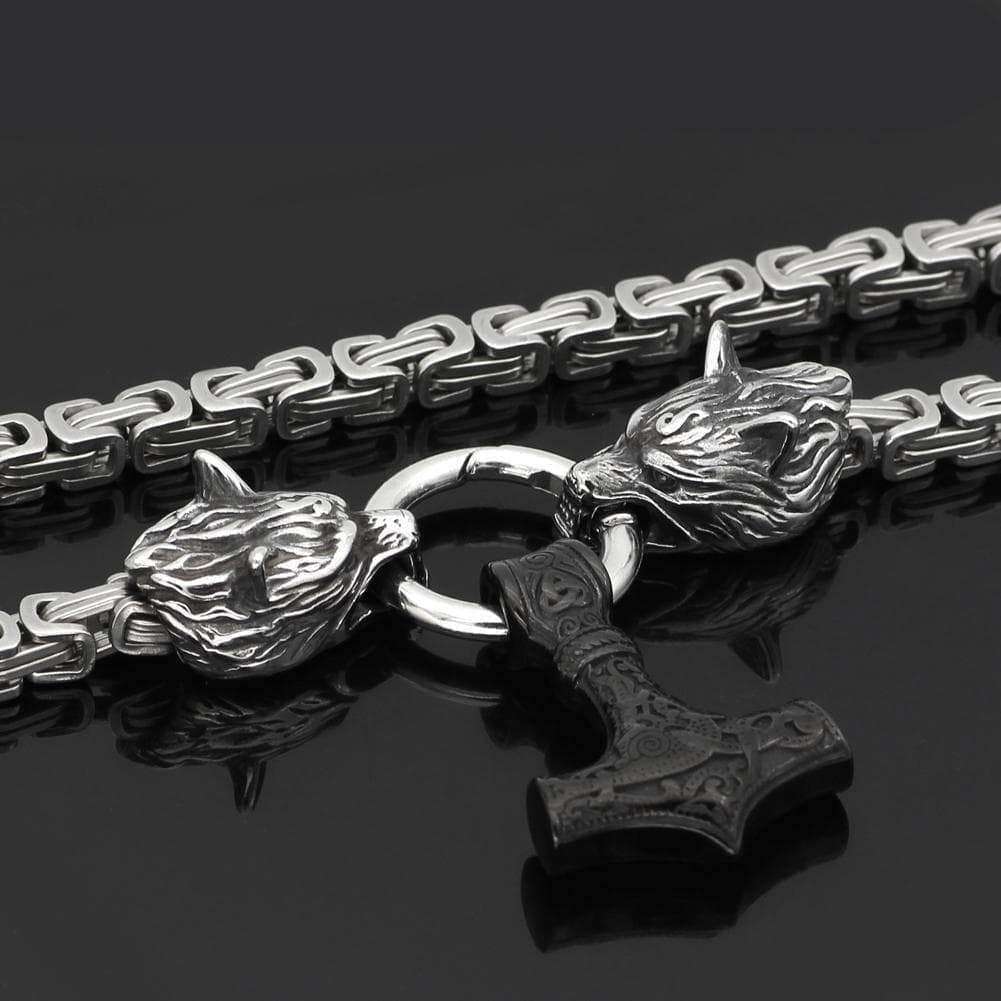 Vikings Wolf Mjolnir Stainless Steel King Chain Necklace