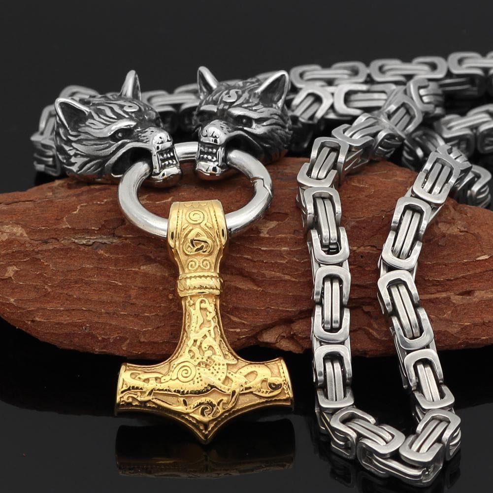 Vikings Wolf Mjolnir King Chain Stainless Steel Necklace
