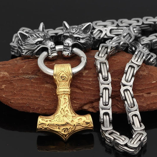 Vikings Wolf Mjolnir King Chain Stainless Steel Necklace