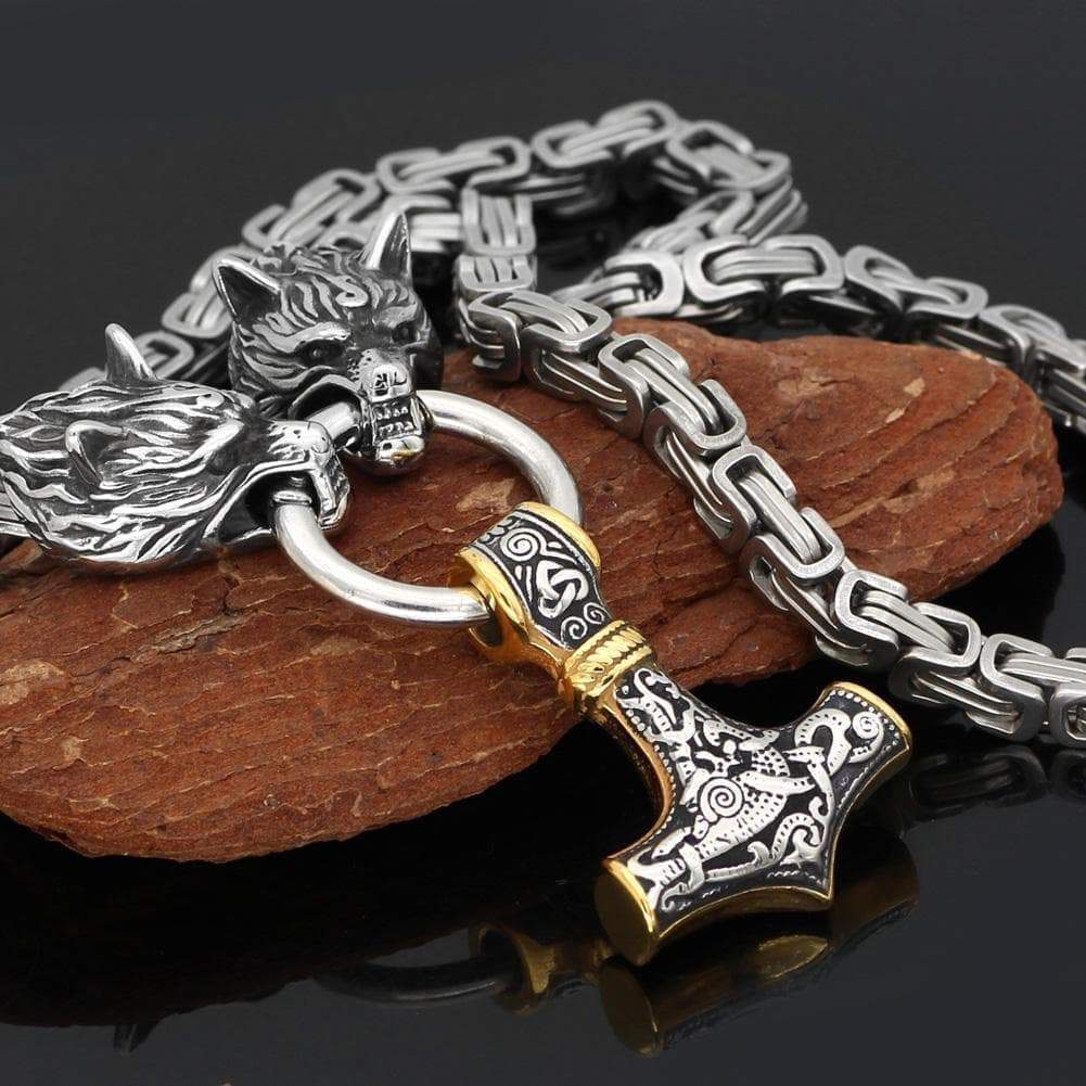 Vikings Wolf Mjolnir Stainless Steel King Chain Necklace