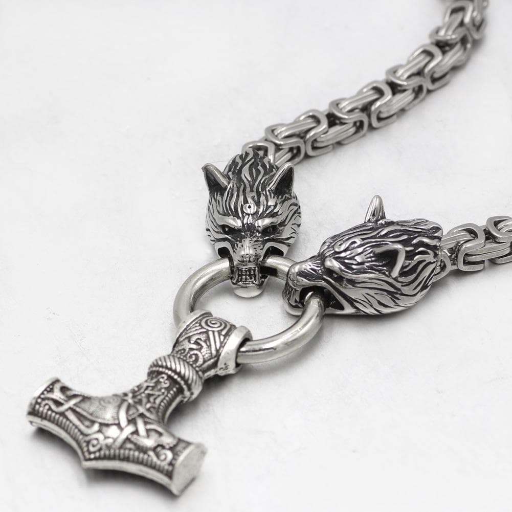 Vikings Wolf Mjolnir Stainless Steel King Chain Necklace