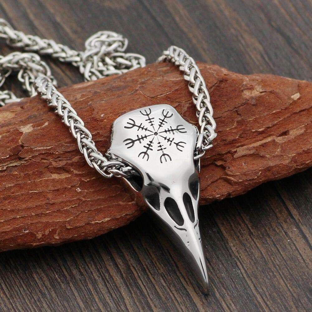 Vikings Helm of Awe Raven Skull Stainless Steel Necklace
