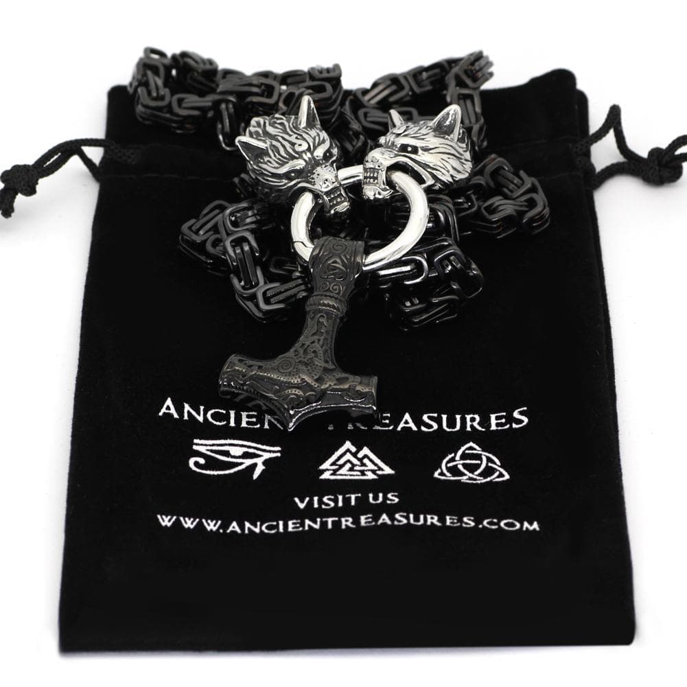Vikings Wolf Head Mjolnir King Chain Stainless Steel Necklace