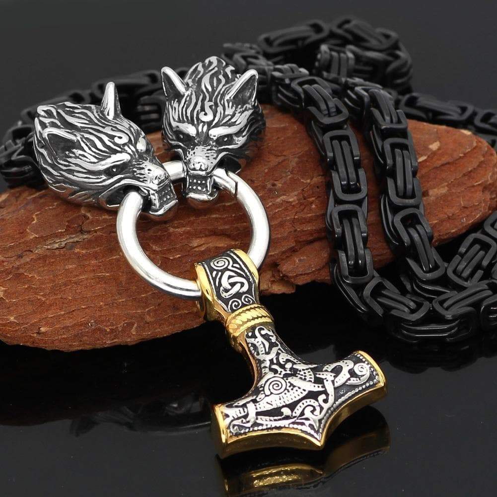 Vikings Wolf Head Black King Chain Mjolnir Stainless Steel Necklace