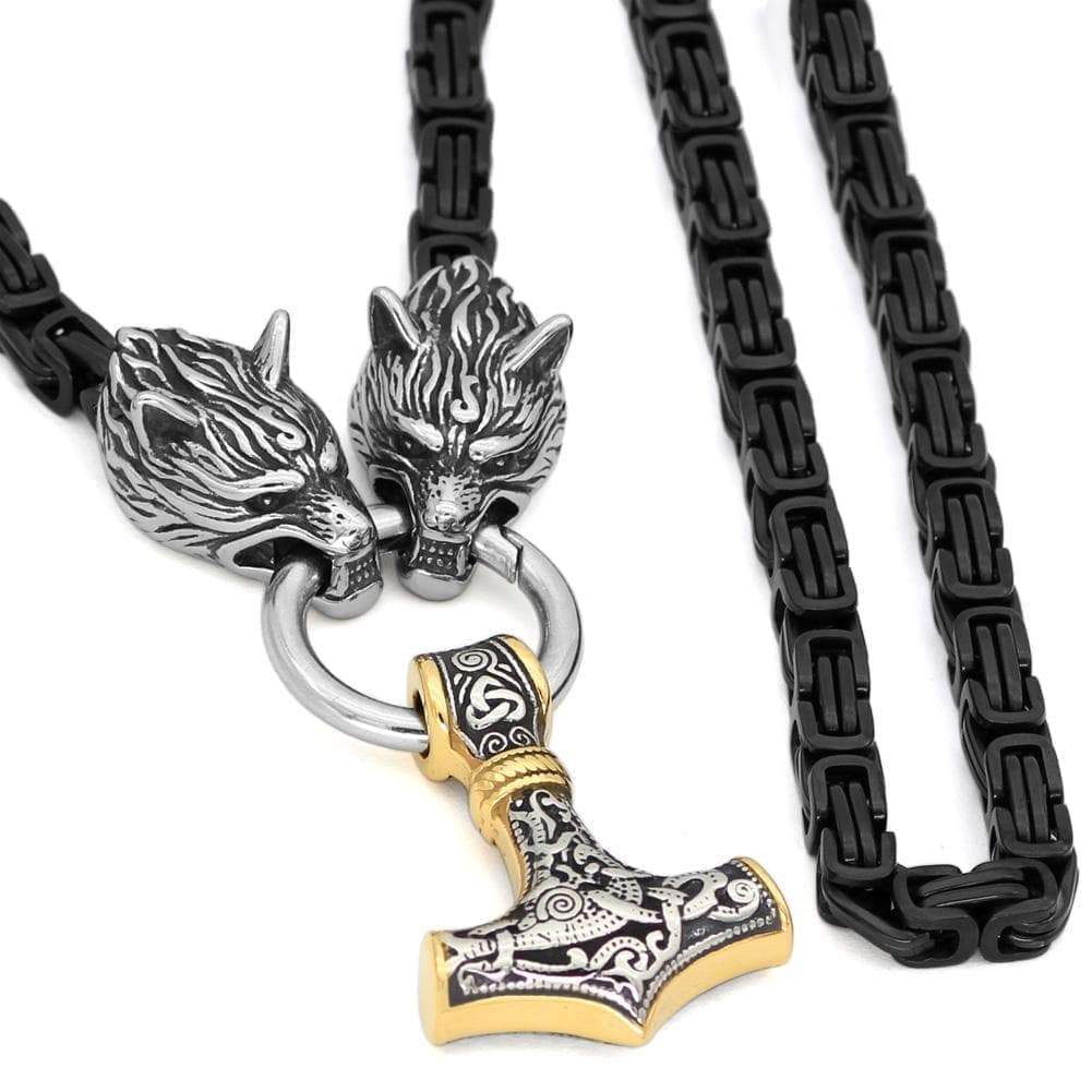 Vikings Wolf Head Black King Chain Mjolnir Stainless Steel Necklace