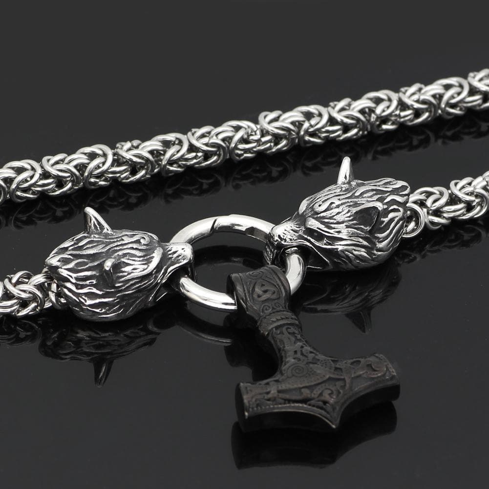 Vikings Wolf Head Mjolnir King Chain Stainless Steel Necklace