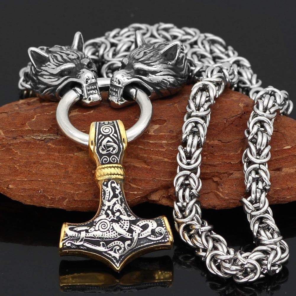 Vikings Wolf Head Mjolnir King Chain Stainless Steel Necklace