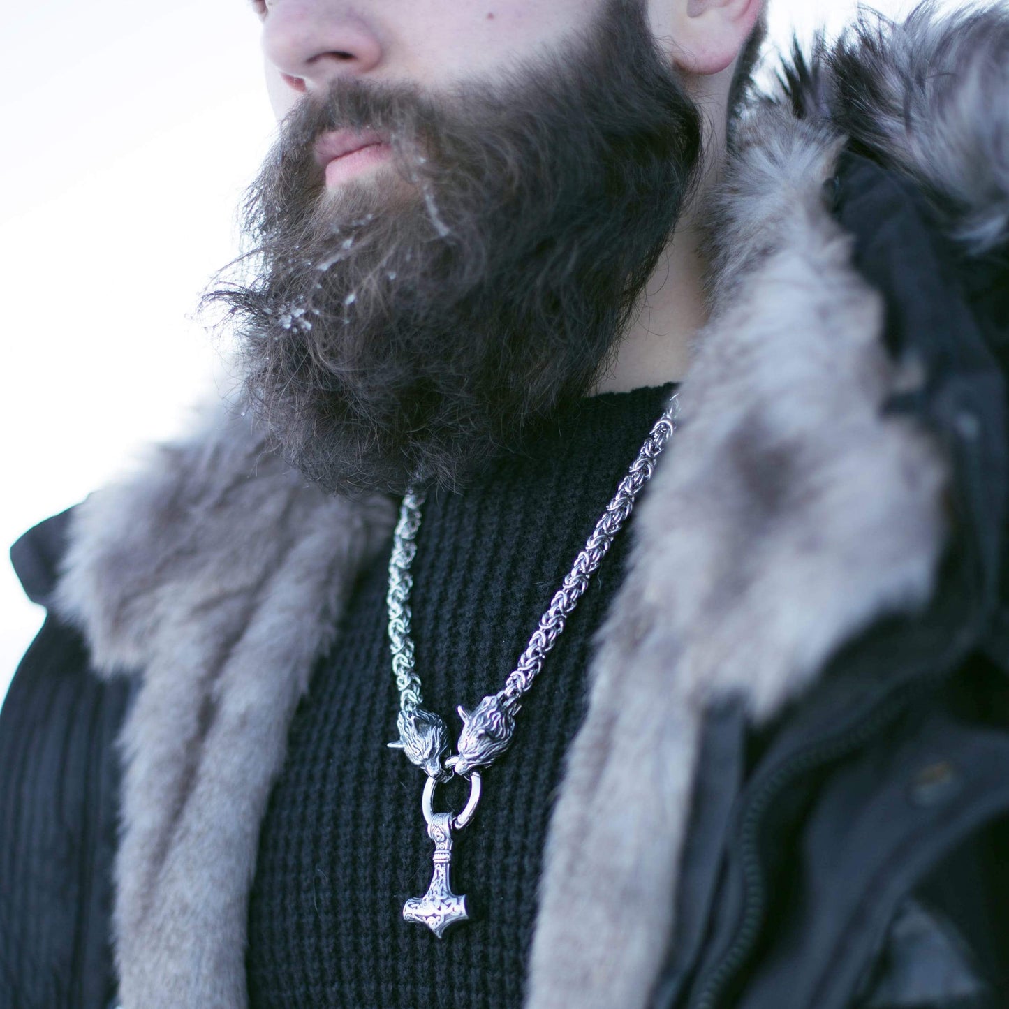 Vikings Wolf Head Mjolnir Stainless Steel Necklace