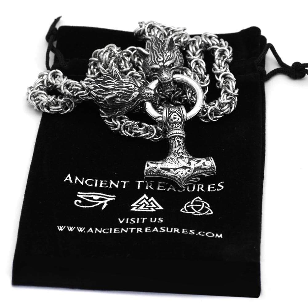 Vikings Wolf Head Mjolnir Stainless Steel Necklace