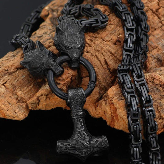 Vikings Wolf Head Mjolnir Stainless Steel Black Necklace