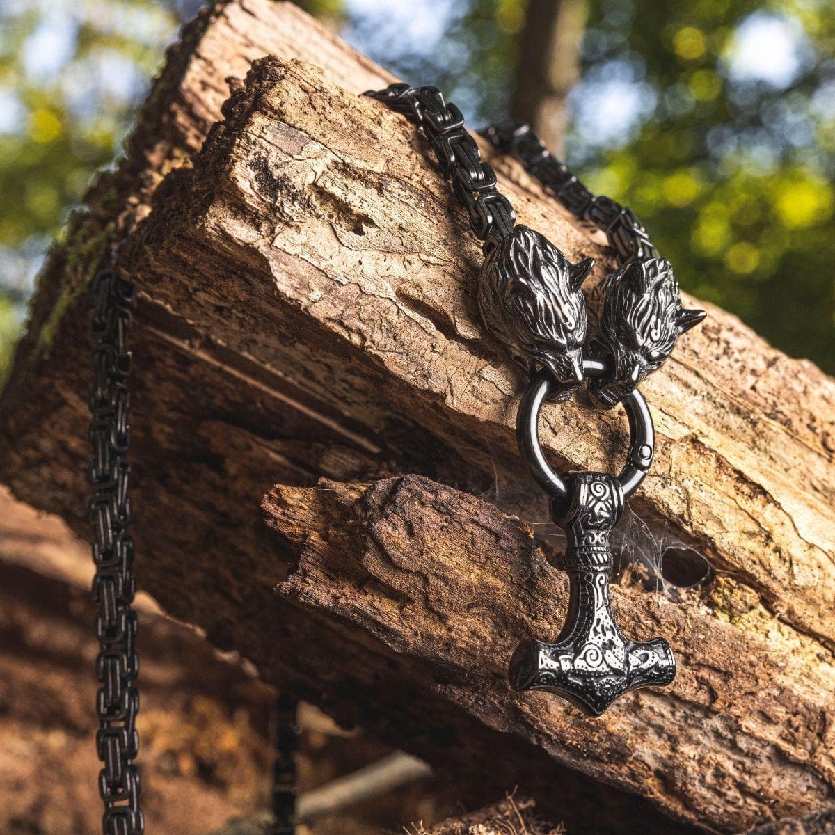 Vikings Wolf Head Mjolnir Stainless Steel Black Necklace