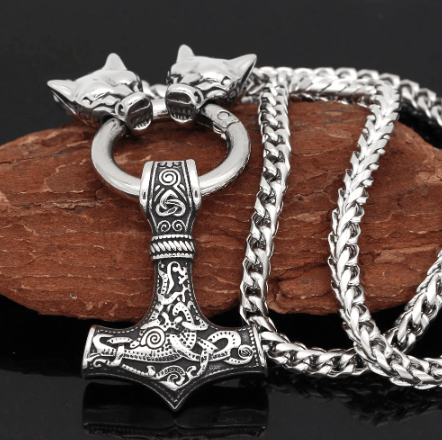 Vikings Mjolnir and Fenrir Pendant Necklace