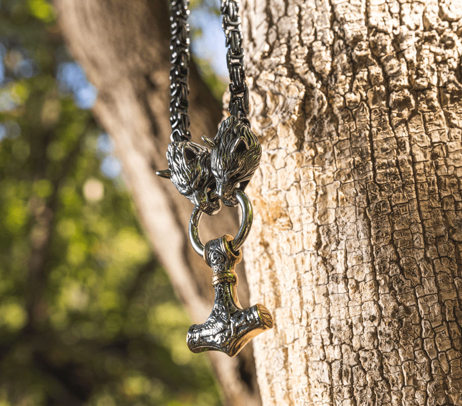 Vikings Wolf Mjolnir Stainless Steel King Chain Necklace
