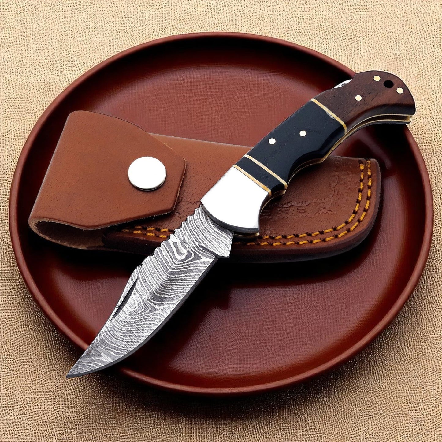 Damascus Folding Knife | with Resin Wood Handle