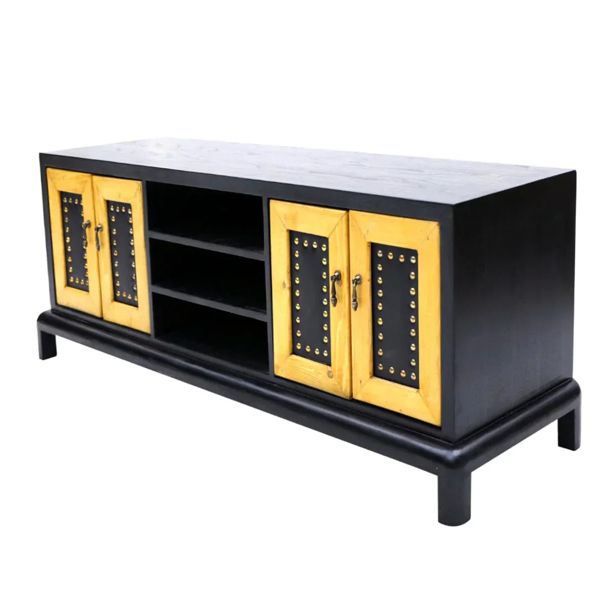 Bernard Series 2 Vintage Sheesham Wood TV Console – Low Height, 62-Inch with Leather Shutter Accents