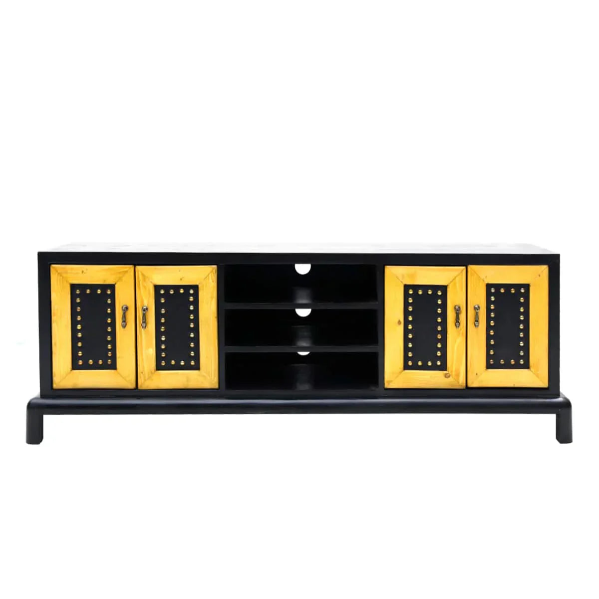 Bernard Series 2 Vintage Sheesham Wood TV Console – Low Height, 62-Inch with Leather Shutter Accents