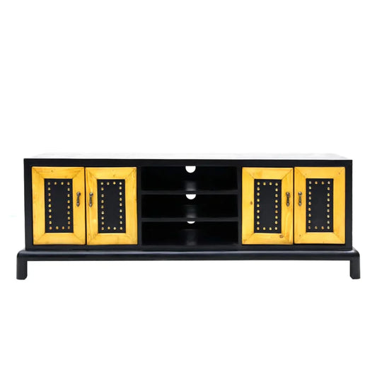 Bernard Series 2 Vintage Sheesham Wood TV Console – Low Height, 62-Inch with Leather Shutter Accents