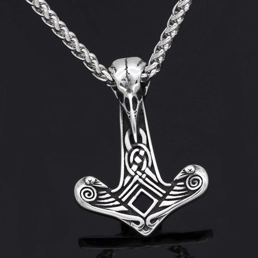 Vikings Mjolnir Raven Skull Stainless Steel Necklace