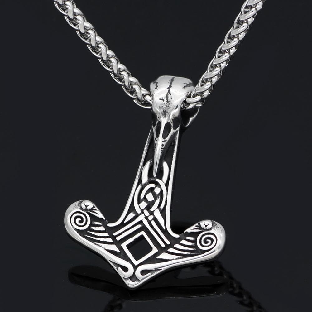 Vikings Mjolnir Raven Skull Stainless Steel Necklace