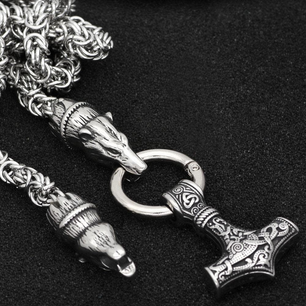 Vikings Bear Head Mjolnir Stainless Steel Necklace