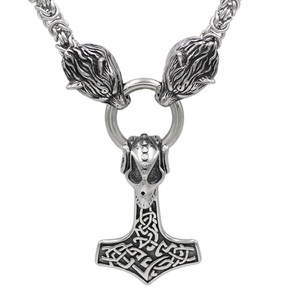 Vikings Wolf Heads and Skull Mjolnir Stainless Steel Necklace