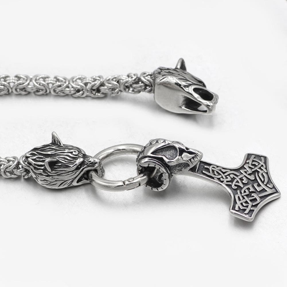 Vikings Wolf Heads and Skull Mjolnir Stainless Steel Necklace
