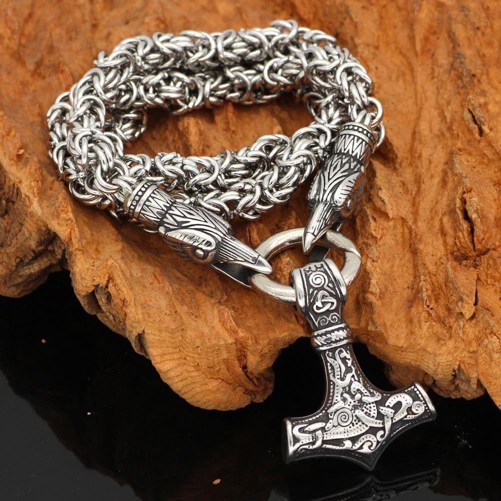 Vikings Mjolnir and Ravens Stainless Steel Necklace